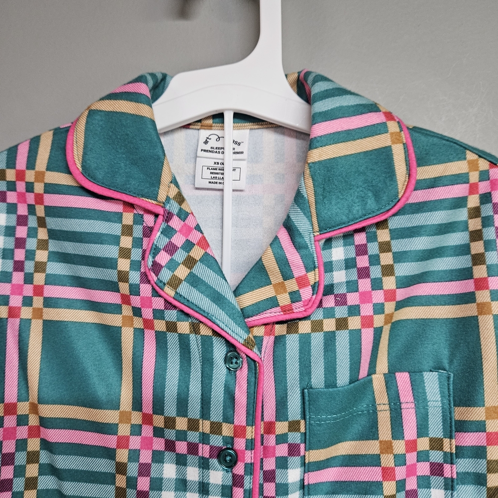Kids Girls Xs 4/5 Fleece Pajama Set Checkered- Green & Pink Short Sleeve Shorts - Picture 3 of 7